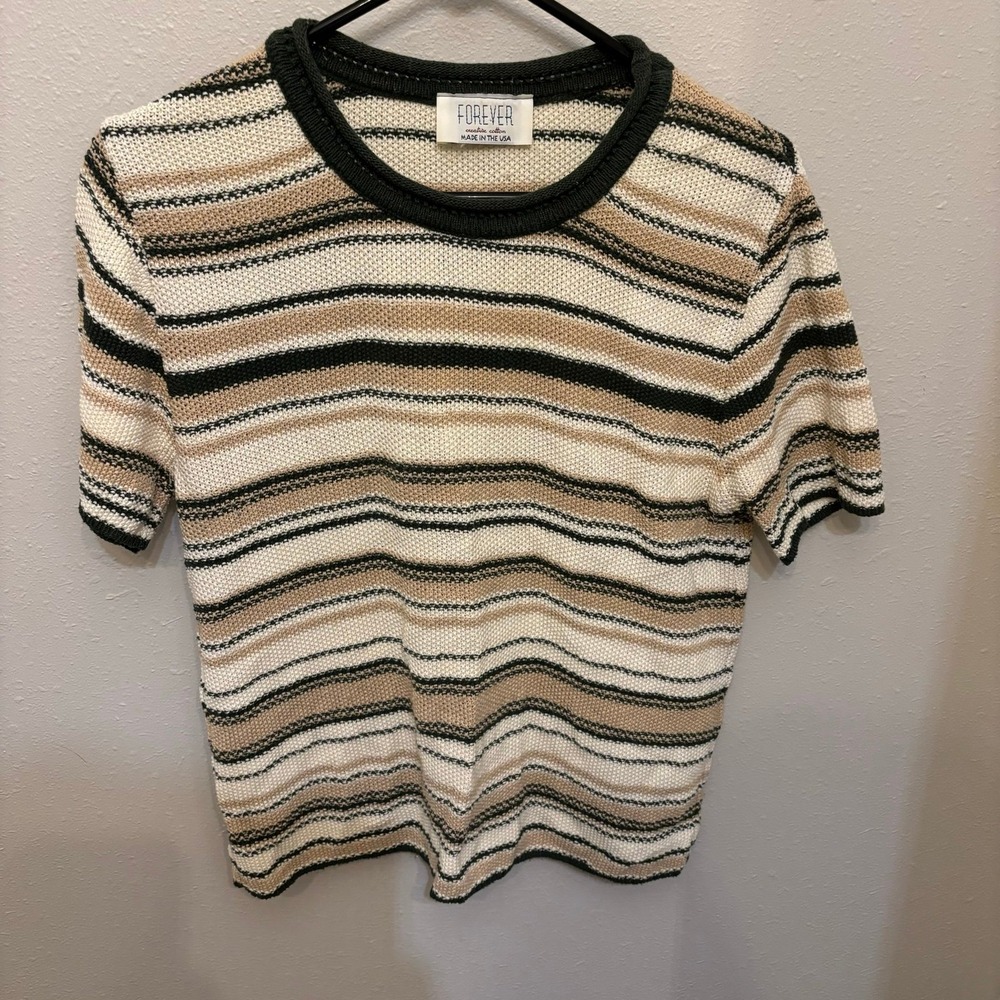 Vintage Forever Woven knit striped green cream cotton Top T Cropped‎ Made In USA